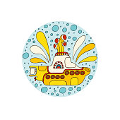 istock Yellow submarine in doodle style. Hand drawn logo. White background. 1351801650