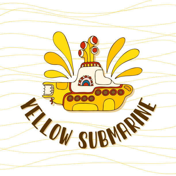 желтая подводная лодка в стиле каракуля. нарисованный от руки логотип с надписами. - liverpool stock illustrations