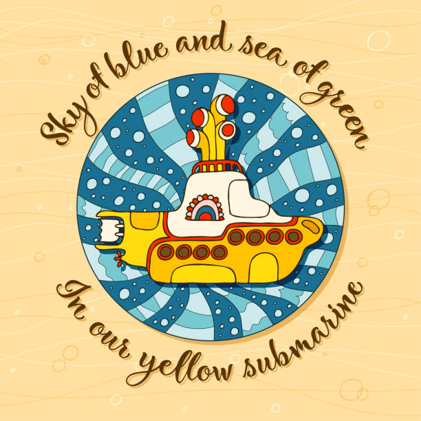 желтая подводная лодка в стиле каракуля. нарисованный от руки логотип с надписами. - liverpool stock illustrations