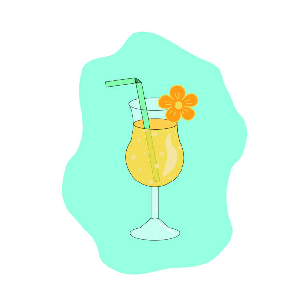 bildbanksillustrationer, clip art samt tecknat material och ikoner med gula sommaren tropisk cocktail med bubblor i glas, dekorerad med blomma och halm, vektor - badstrand sommar sverige