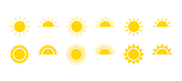 Yellow sun icon set, sunshine and solar glow, sunrise or sunset. Decorative circle full and half sun and sunlight. Hot solar energy for tan. Vector