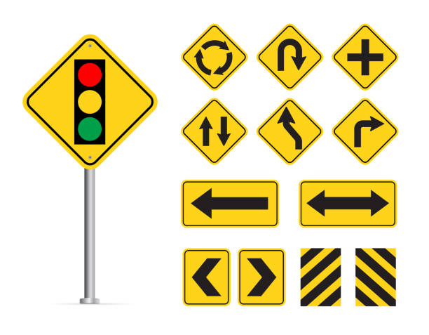 ilustraciones, imágenes clip art, dibujos animados e iconos de stock de señal de tráfico amarilla aislada sobre fondo blanco. ilustración vectorial. - dirección