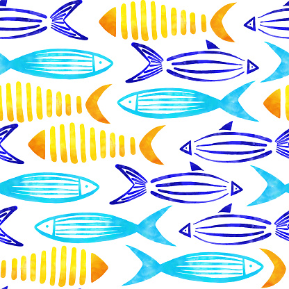Yellow, Turquoise, Blue and Green Watercolor Fishes Seamless Pattern with White Background.