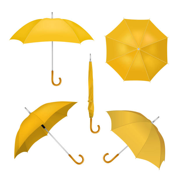 Yellow umbrellas vector realistic illustration Vector realistic illustration of yellow umbrellas in various positions. Parasol opened and taken down icon set isolated on white background. umbrella stock illustrations