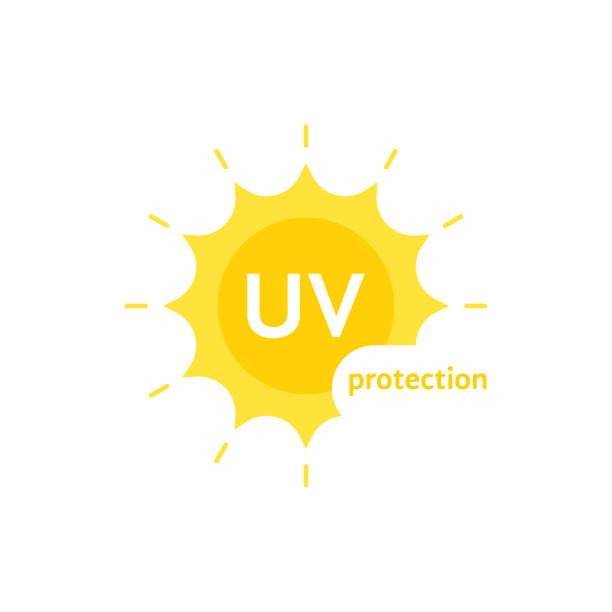 yellow uv protection on white yellow uv protection on white. unusual flat style trend modern brand graphic art design. concept of simple badge for body care or treatment or decoration symbol for cosmetic oil or cream ultraviolet light stock illustrations