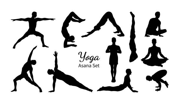 yoga asana set. set von männlichen silhouetten, die yoga ausüben. handgezeichnete skizze vektor illustration - yoga poses stock-grafiken, -clipart, -cartoons und -symbole