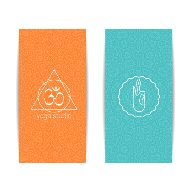 Yoga class and studio template banner Yoga class template. Set of vertical orange and turquoise flyers with chakra and mandala symbols. Design for yoga class, studio, spa, center, classes, invitation, gift certificate and presentation yoga borders stock illustrations