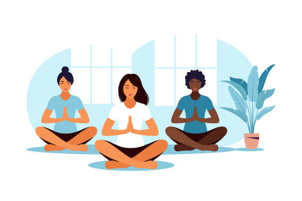 Yoga class. Meditation. Group workout. Flat illustration. Vector. Yoga class. Meditation. Group workout. Flat illustration. Vector. MINDFUL stock illustrations