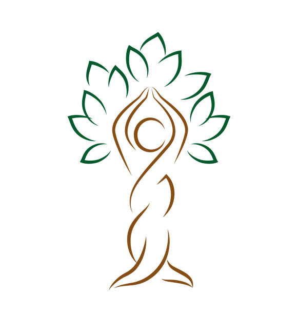 Yoga emblem with abstract tree pose isolated on white Yoga emblem with abstract tree pose isolated on white background mother nature stock illustrations