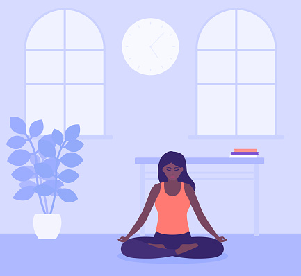 yoga exercise, girl meditates at home, stay positive and mindful during social distancing and self-isolation
