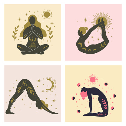 Yoga girls various asanas, women with sun, moon and floral abstract elements