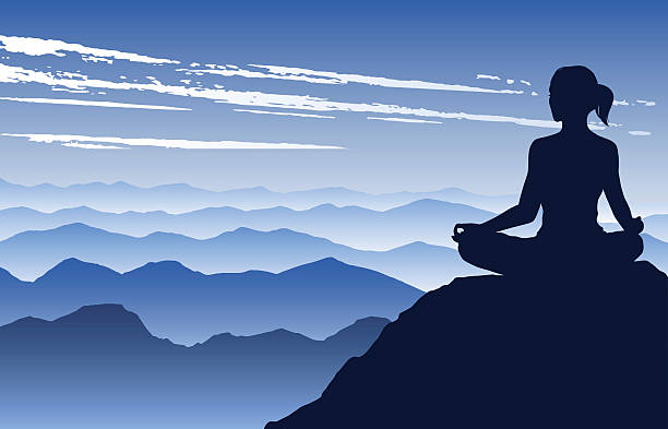 Yoga in the Mountains Vector illustration of a silhouette of a woman, sitting in lotus postion on a rock in front of mountains yoga silhouettes stock illustrations