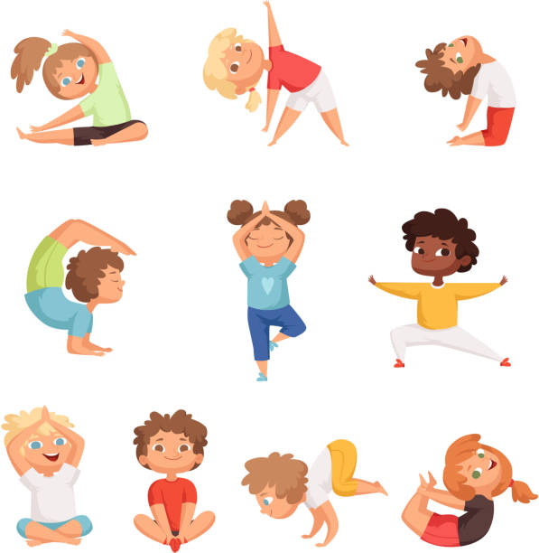 Yoga kids characters. Fitness sport childrens posing and making gymnastics yoga exercises vector illustrations Yoga kids characters. Fitness sport childrens posing and making gymnastics yoga exercises vector illustrations. Sport yoga child, health and meditation boy and girl yoga designs stock illustrations