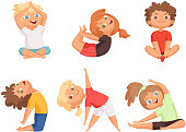 Yoga kids. Children making different yoga exercises young gymnastics vector characters. Illustration of yoga boy and girl stretching