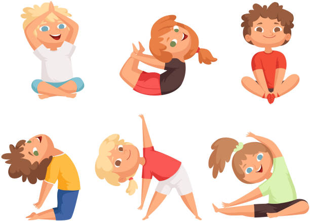 ilustrações de stock, clip art, desenhos animados e ícones de yoga kids. children making different yoga exercises young gymnastics vector characters - yoga crianças
