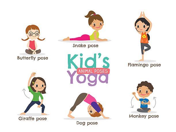 ilustrações de stock, clip art, desenhos animados e ícones de ioga poses ilustração vetorial infantil - yoga crianças