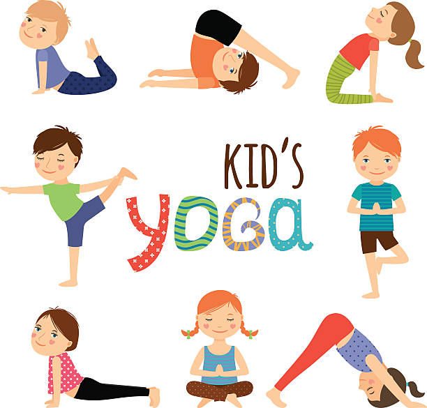 Yoga kids set Yoga kids set. Gymnastics for children and healthy lifestyle. Vector illustration.  yoga drawings stock illustrations