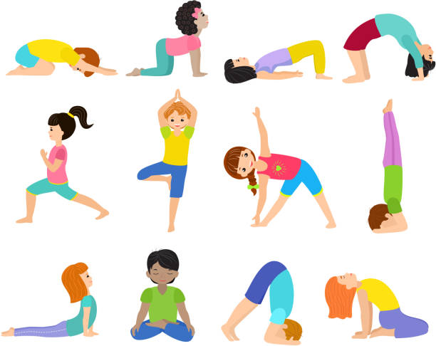 ilustrações de stock, clip art, desenhos animados e ícones de yoga kids vector young child yogi character training sport exerc - yoga crianças