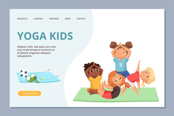 ilustrações de stock, clip art, desenhos animados e ícones de yoga kigs characters. kids sport and yoga training vector landing page template - yoga crianças