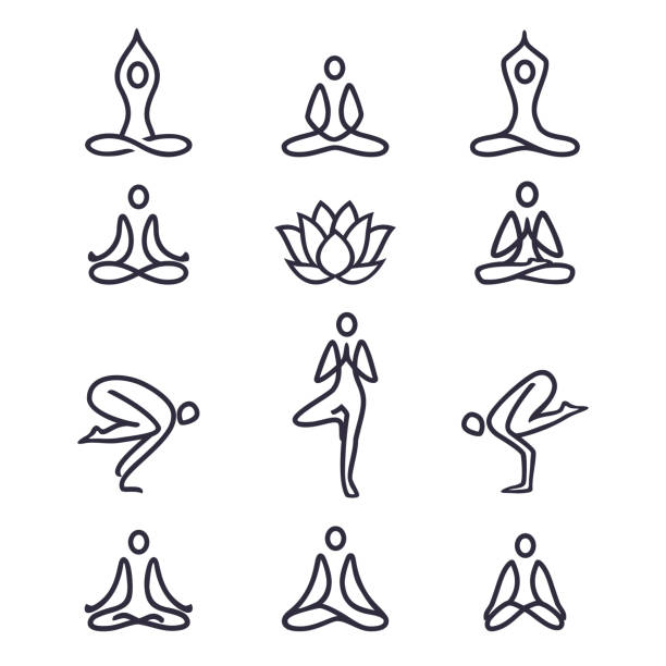 Yoga line icons set Yoga icons and logos set - graphic design elements in outline style for spa center, fitness or yoga studio Yoga. Set of line icons and symbols. Vector illustration. yoga drawings stock illustrations