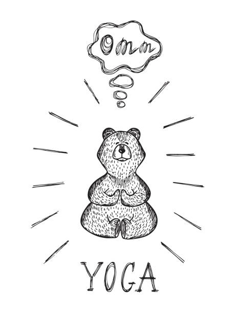 ilustraciones, imágenes clip art, dibujos animados e iconos de stock de yoga postura del loto. animal salvaje. mano dibujada doodle que bear medita - ilustración vectorial - teddy ray