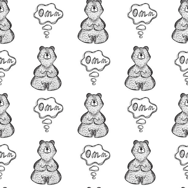 Yoga Lotus Position. Wild animal. Hand Drawn doodle Bear meditates. Seamless Pattern - Vector illustration Yoga Lotus Position. Wild animal. Hand Drawn doodle Bear meditates. Seamless Pattern - Vector illustration teddy ray stock illustrations