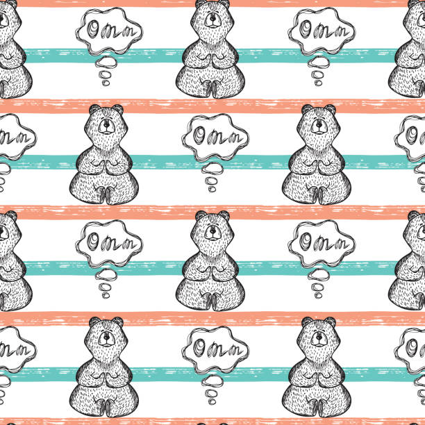 pozycja lotus jogi. dzikie zwierzę. ręcznie rysowane doodle niedźwiedź medytuje. bezszwowy wzór - ilustracja wektorowa - teddy ray stock illustrations
