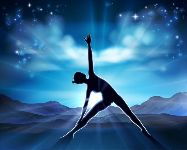 Yoga Pilates Woman Pose Silhouette Background A woman in a yoga or Pilates position in silhouette with the sunrise behind her background concept gymnastic silhouette stock illustrations