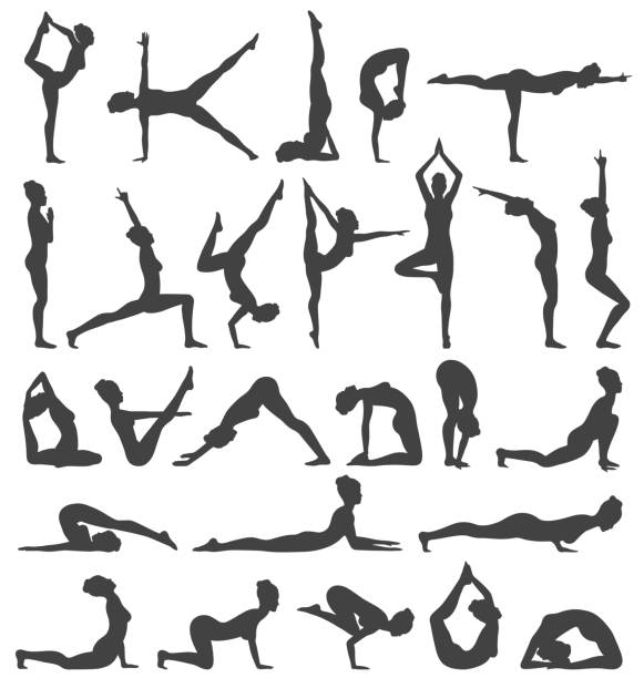 Yoga Poses Collection Set Black Icons Isolated on White Yoga Poses Collection Set Black Icons Isolated on White Background yoga silhouettes stock illustrations