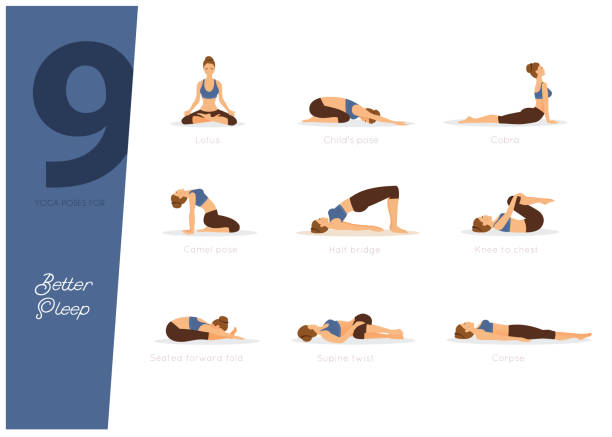 9 yoga-übungen für einen besseren schlaf - yoga poses stock-grafiken, -clipart, -cartoons und -symbole