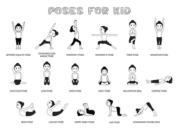 ilustrações de stock, clip art, desenhos animados e ícones de yoga poses for kid vector illustration monochrome - yoga crianças