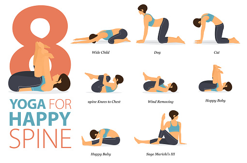 Infographic 8 Yoga poses for workout in concept of Happy Spine in flat design. Women exercising for body stretching. Yoga posture or asana for fitness infographic. Flat Cartoon Vector Illustration.