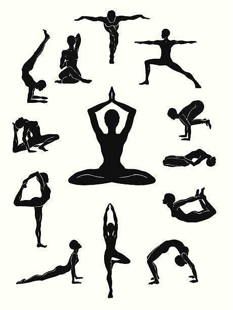 Yoga positions Set of silhouettes of various yoga positions (asanas) yoga silhouettes stock illustrations
