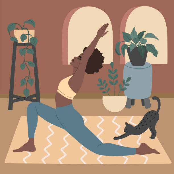 Yoga practice, asana poses in cozy apartment vector art illustration