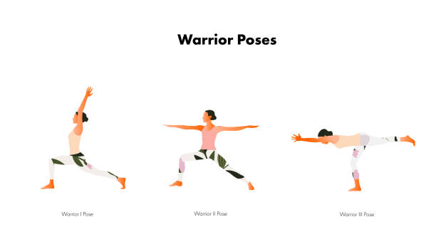 Yoga. Three Warrior poses. Woman's health. Yoga asanas. Vector cartoon illustration. Yoga. Three Warrior poses. Woman's health. Yoga asanas. Vector cartoon illustration. pelvic floor stock illustrations