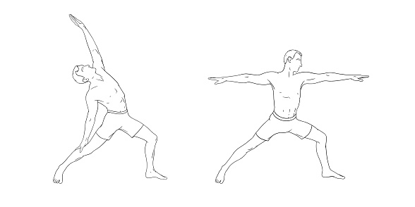 Yoga warrior poses or virabhadrasana I and peaceful variation. Men practicing yoga for balance improvement. Hand drawn sketch vector illustration