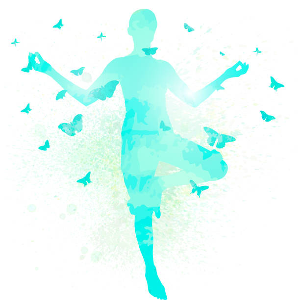 Yoga Watercolor A vector illustration of a person doing yoga with butterflies surrounding them. Drawn with a watercolor paint effect. yoga backgrounds stock illustrations