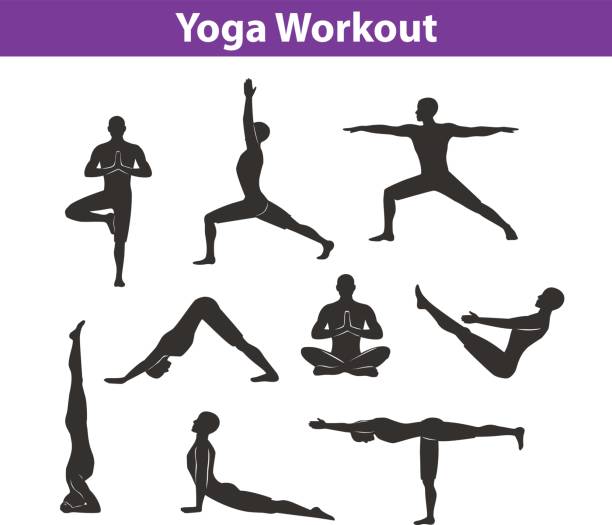 Yoga Workout. Silhouettes of a Man in Tree, Sirsasana, Boat, Warrior one, two, three, downwards and upwards facing dog, lotus Poses. Yoga Workout. Silhouettes of a Man in Tree, Sirsasana, Boat, Warrior one, two, three, downwards and upwards facing dog, lotus Poses. yoga silhouettes stock illustrations
