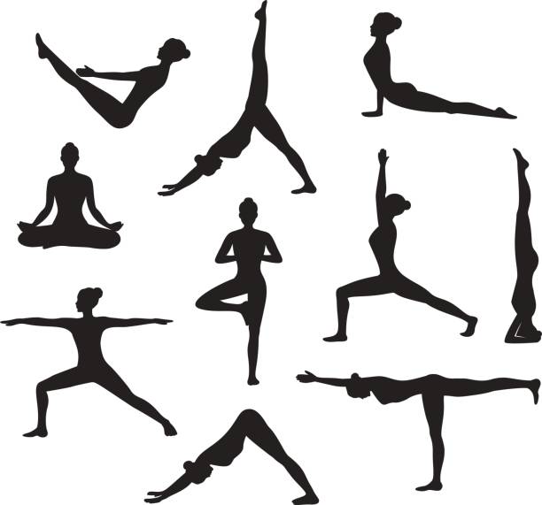 Yoga Workout. Silhouettes of a woman in Tree, Sirsasana, Boat, Warrior one, two, three, downwards and upwards facing dog, lotus, headstand poses Yoga Workout. Silhouettes of a woman in Tree, Sirsasana, Boat, Warrior one, two, three, downwards and upwards facing dog, lotus, headstand poses yoga silhouettes stock illustrations