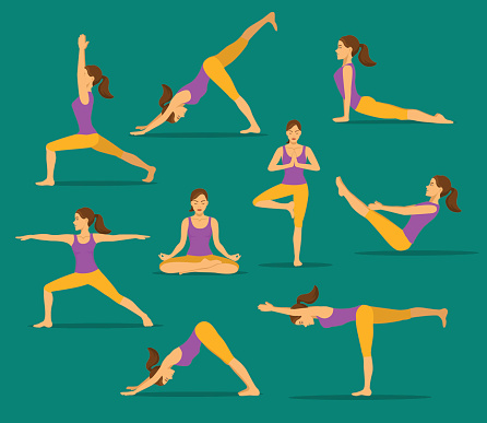 yoga workout. woman in tree, lotus, boat,upwards and downwards facing dog pose, warrior one, two, three asanas