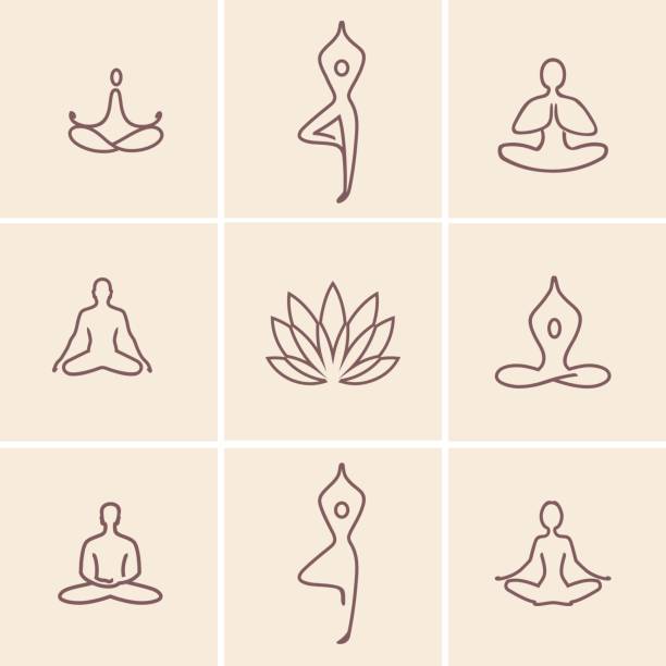 Yoga_Icons Set of outline icons and symbols for spa center or yoga studio yoga icons stock illustrations