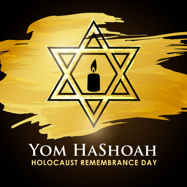 Yom HaShoah Commemorating the Holocaust The commemoration of Holocaust Remembrance Day (Yom HaShoah, the Jewish script), remembering the holocaust tragedy of Jews that occurred during the Second World War with symbol of David Star and candle on the gold color brush stroke background holocaust remembrance day stock illustrations