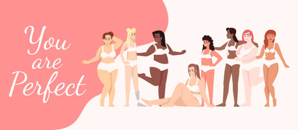 You are perfect flat poster vector template. Women dressed in lingerie isolated cartoon characters on white and pink. Body positive. Banner, brochure page, leaflet design layout with place for text You are perfect flat poster vector template. Women dressed in lingerie isolated cartoon characters on white and pink. Body positive. Banner, brochure page, leaflet design layout with place for text cartoon of fat lady in swimsuit stock illustrations