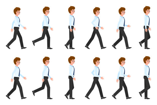 年輕，成人眼鏡男子行走序列姿勢向量插圖。向前移動，快速，緩慢前進的人卡通人物設置在白色 - 競走賽 插圖 幅插畫檔、美工圖案、卡通及圖標