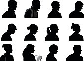 A vector silhouette illustration of multiple facial profiles of male and female business professionals including both young and mature adults.