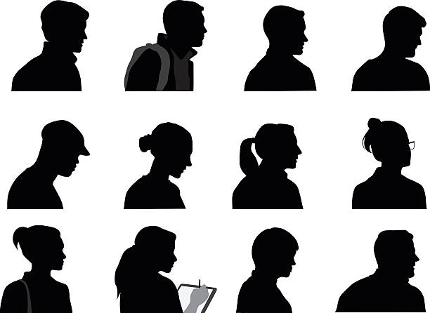 Young Adults Silhouette Profiles A vector silhouette illustration of multiple facial profiles of male and female business professionals including both young and mature adults. writing activity silhouettes stock illustrations