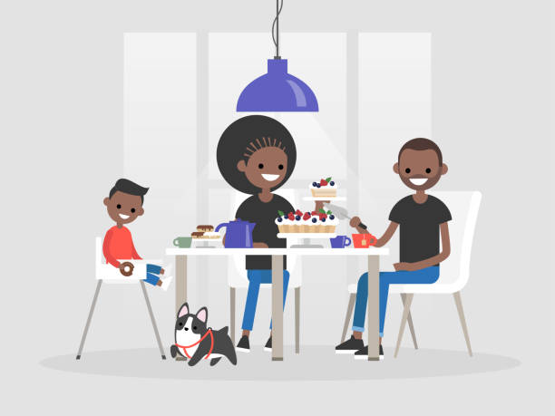 bildbanksillustrationer, clip art samt tecknat material och ikoner med unga afroamerikanska familj sitter vid matbordet. efterrätter och te. vardag / platta redigerbara vektorillustration, clipart - dining room