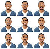 Vector illustration of a young bearded african oder african american man, wearing a blue jacket, with nine different facial expressions: smiling, neutral, laughing, anxious, talking, mean/ smirking, angry, sceptic/cool,  stunned/surprised. Portraits perfectly match each other and can be easily used for facial animation by putting them in layers on top of each other.
