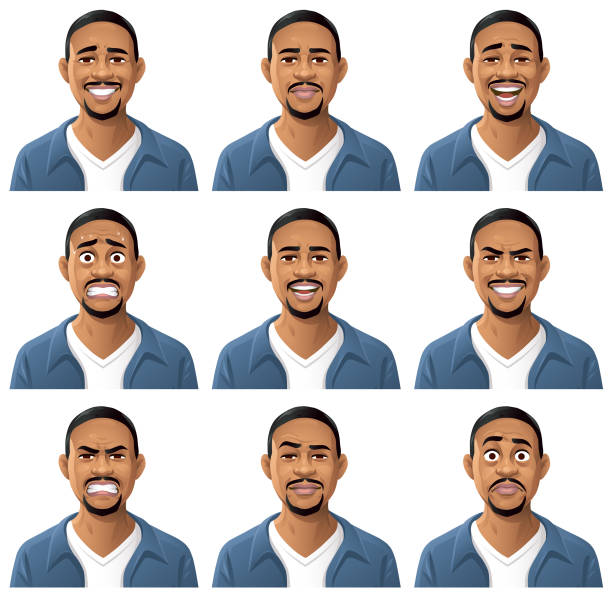 青いジャケットを着た若いひげを生やしたアフリカのオーダーアフリカ系アメリカ人男性のベクトルイラストは、笑顔、中立、笑い、不安、話す、意地悪/笑い、怒り、懐疑的/クール、驚き/驚きました。肖像画は完全に互いに一致し、それらを重なった上に置くことによって顔のアニメーションに簡単に使用することができます。