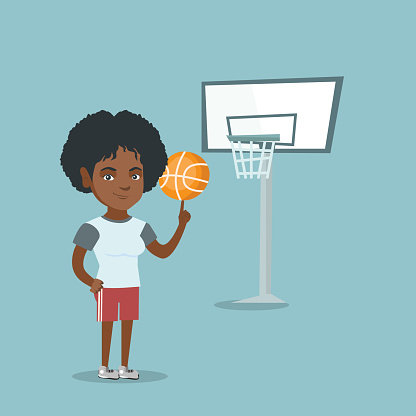 Young african-american basketball player spinning a ball on finger. Professional basketball player standing on the basketball court with a ball. Vector cartoon illustration. Square layout. vector